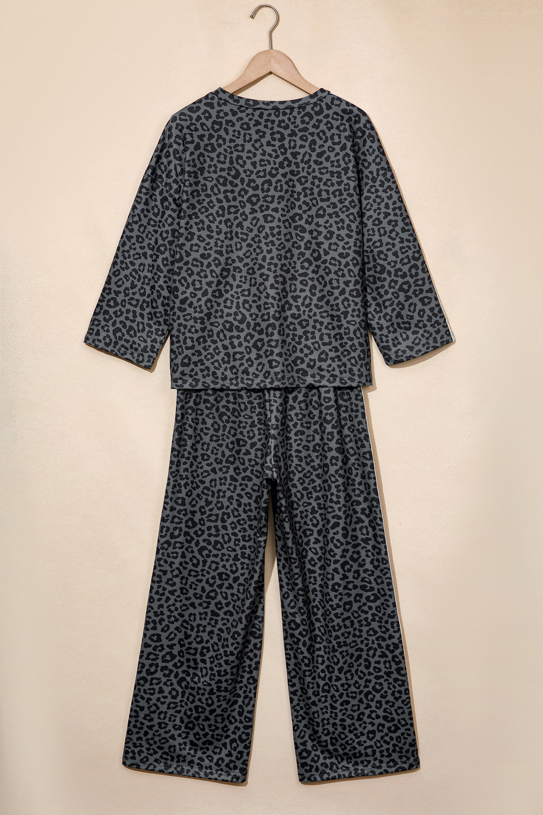 Gray Leopard Print Varsity Striped Detail 3/4 Sleeve Top Shift Pant Set