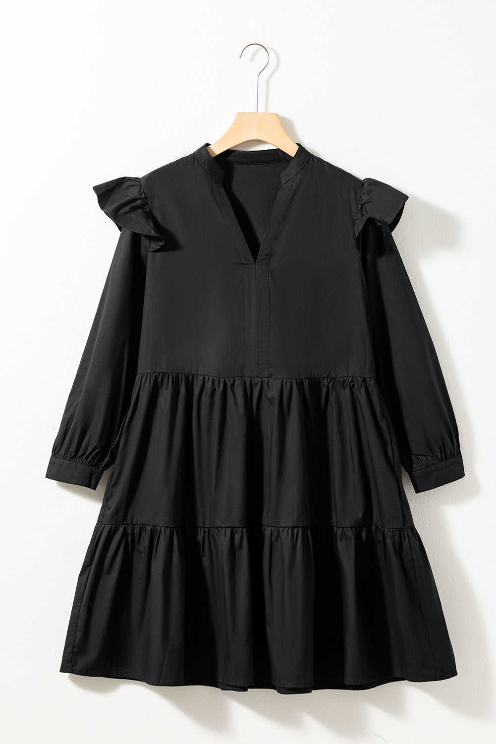 Black V Neck Tiered Ruffled Dress with Pockets