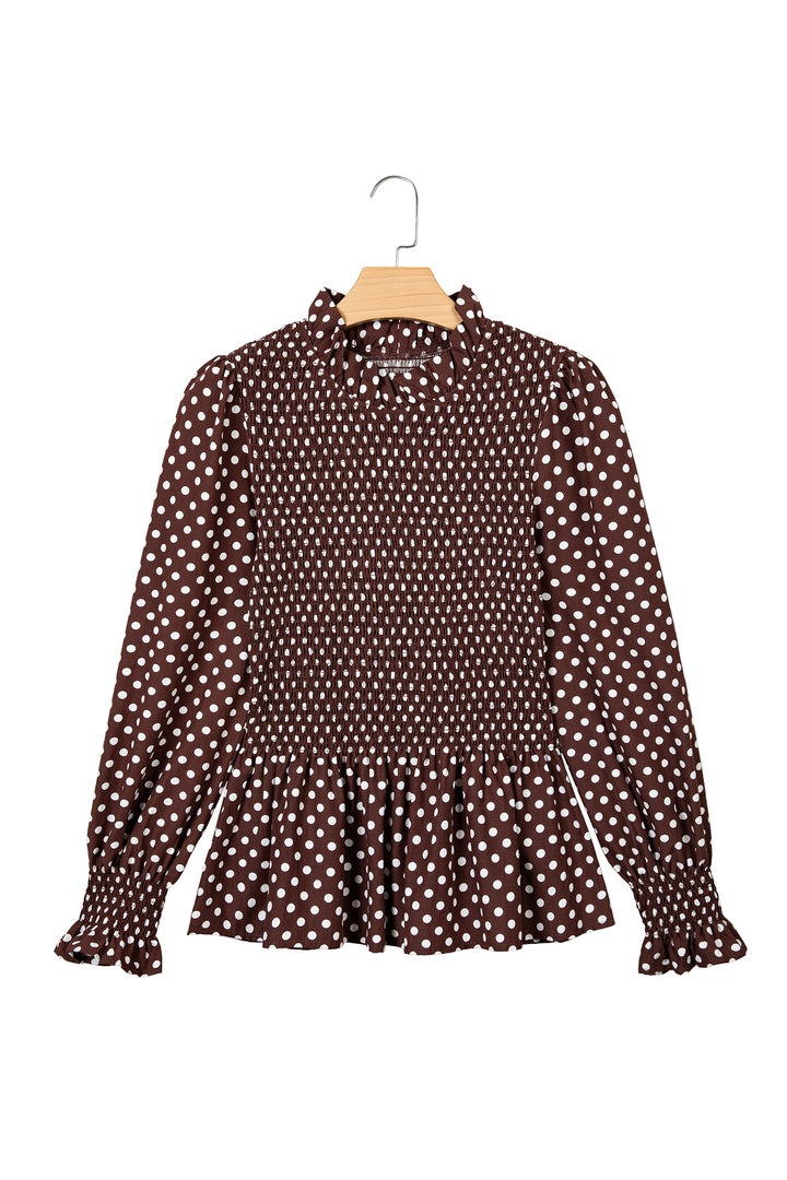 Brown Polka Dot Ruffled High Neck Shirred Ruffle Hem Blouse