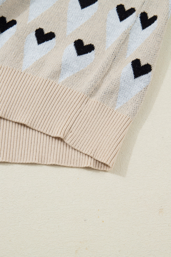 Parchment Geometric Heart Print Ribbed Trim Loose Sweater