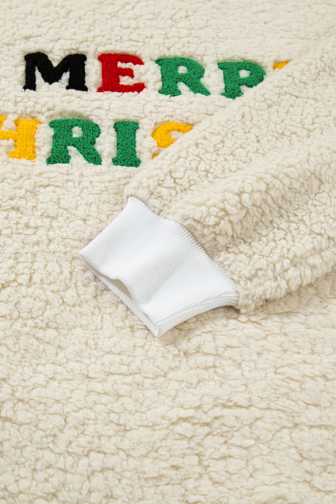 White MERRY CHRISTMAS Multicolor Embroidered Sherpa Pullover Sweatshirt