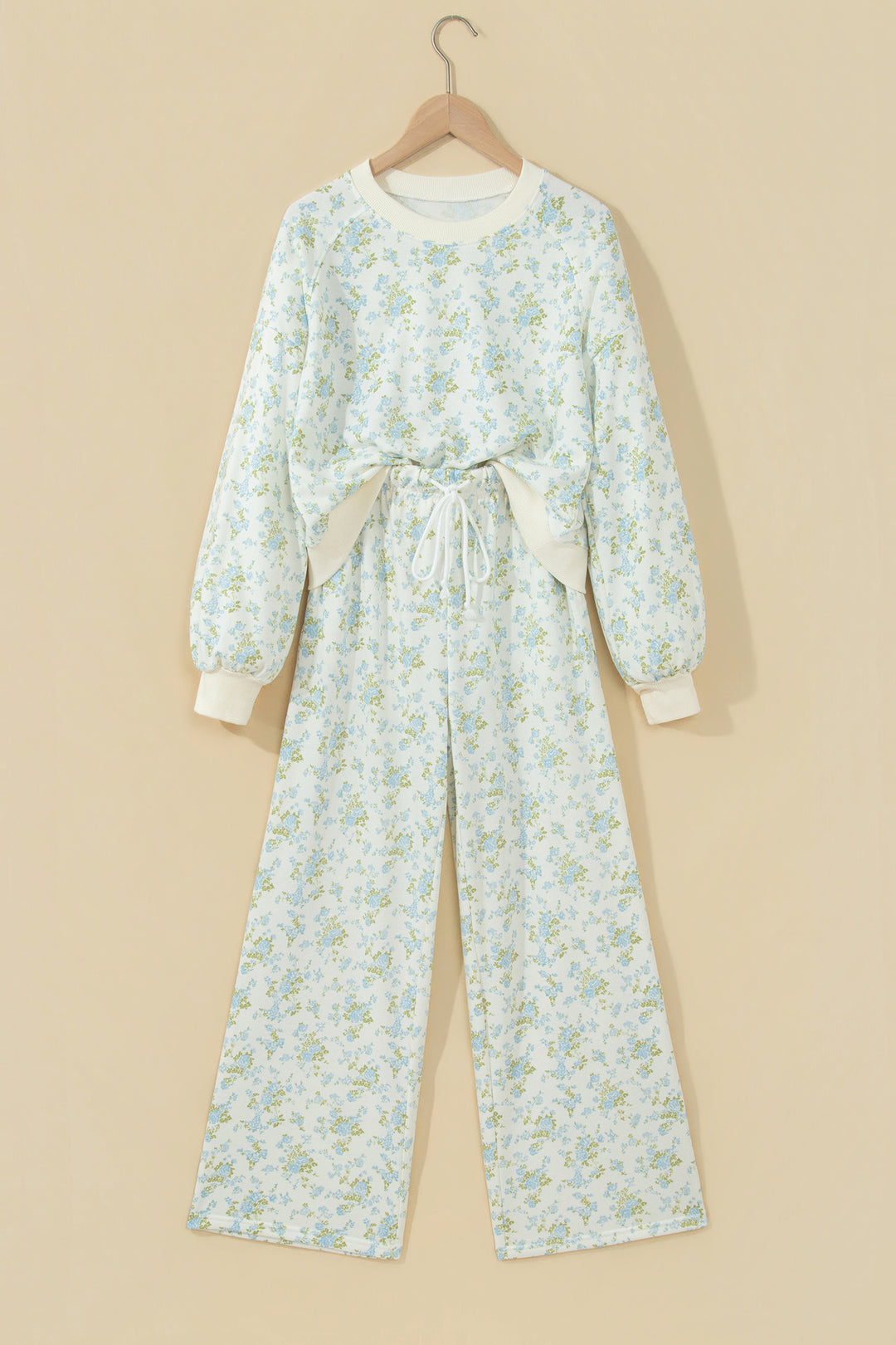 Sky Blue Floral Print Long Sleeve Top Drawstring Wide Leg Pants Set
