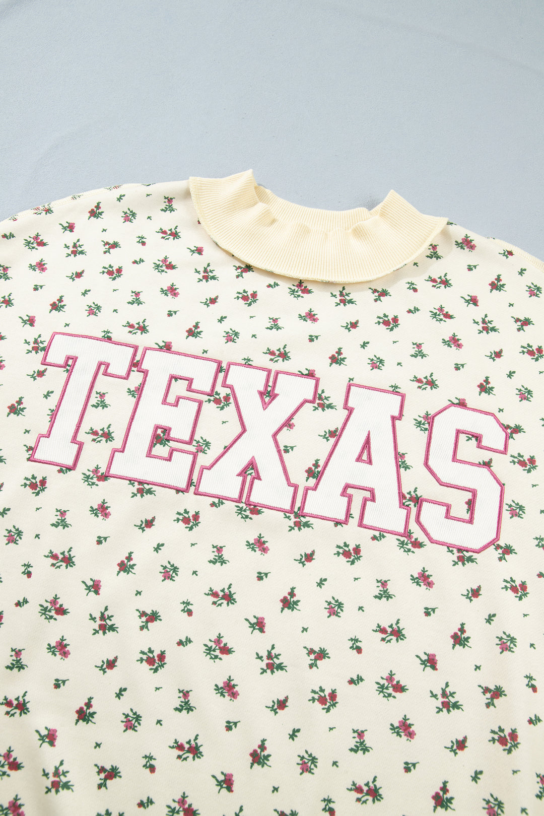 Beige Floral Print Stand Neck Long Sleeve Slogan Sweatshirt