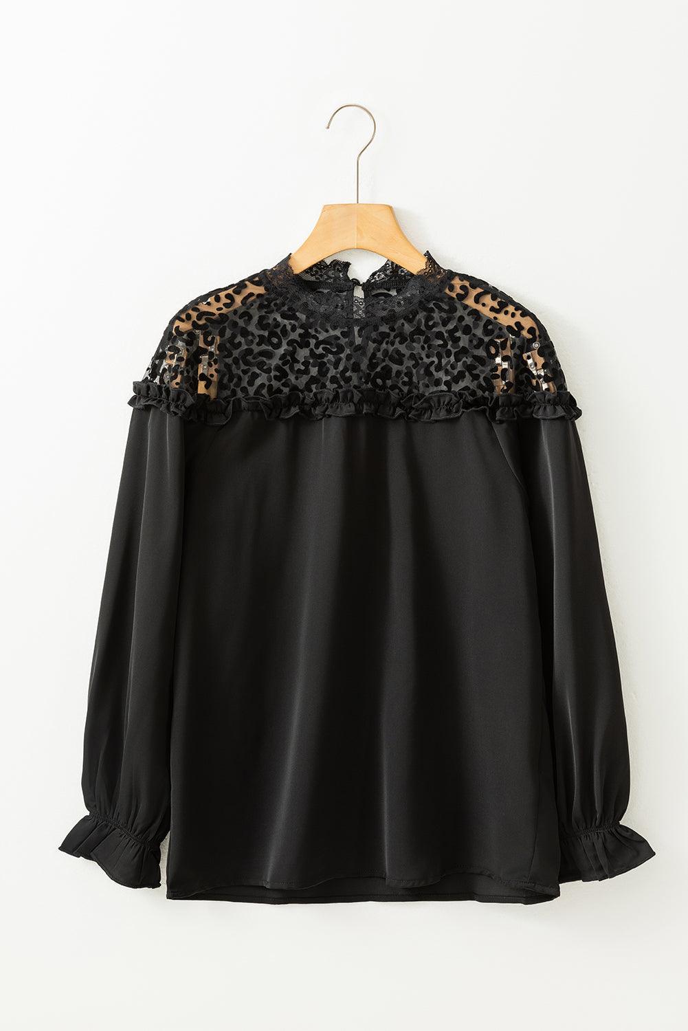 Black Leopard Mesh Splicing Ruffle Long Sleeve Blouse