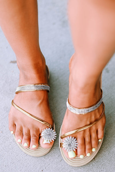 Gold Rhinestone Toe Ring Flat Sandals