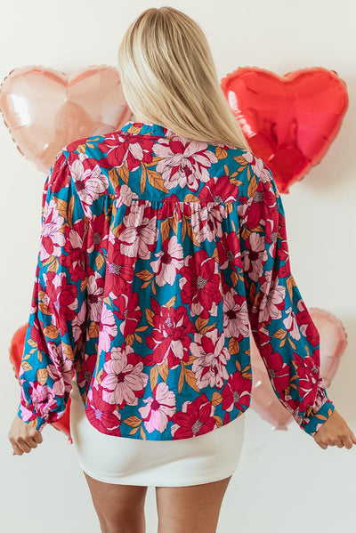 Red Floral Printed Balloon Sleeve Half Buttons Blouse