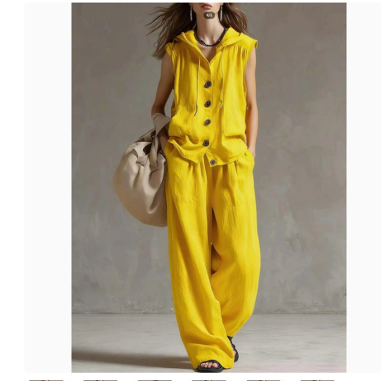 Sleeveless Hooded Top &amp; Wide-Leg Pants Set | High-Waist Two-Piece