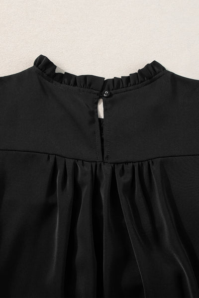 Black Smocked Ruffle Sleeve Blouse