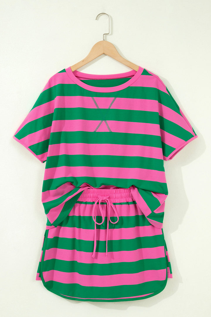 Yellow Stripe Dolman Tee Drawstring Skort Athletic 2pcs Set