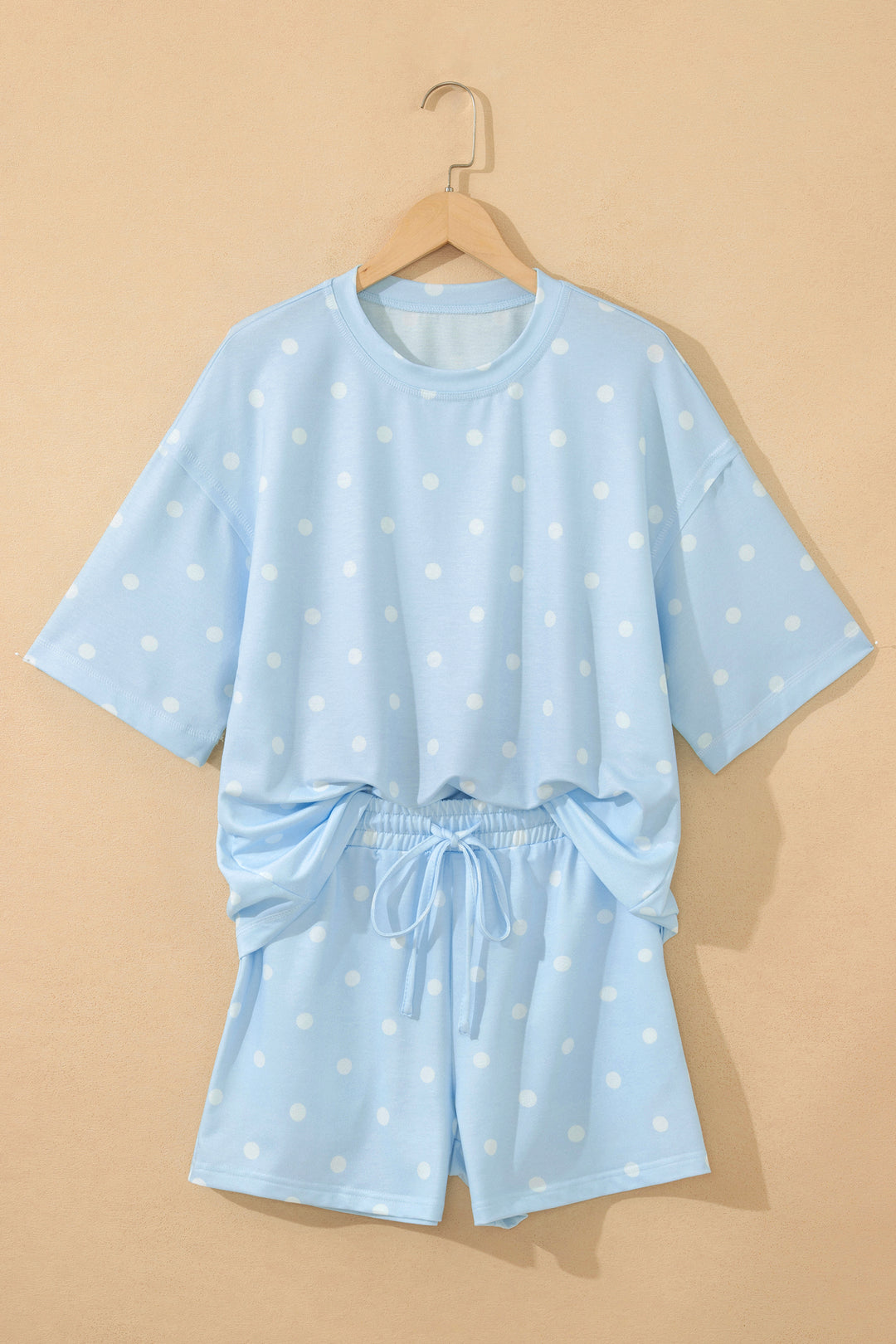 Yellow Exposed Seam Detail Polka Dot Loose Tee Drawstring Shorts Set