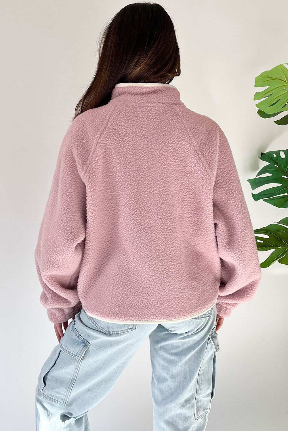 Fushia Stand Neck Half Button Zip Pocket Plush Sweatshirt