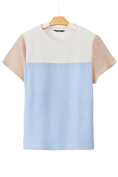 Light Blue Rib Textured Colorblock T Shirt