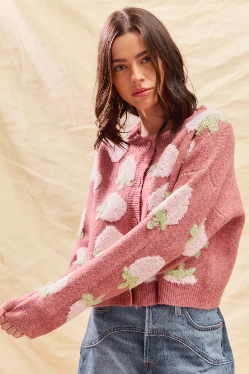 SO ME Strawberry Fruit All Over Button Sweater Cardigan