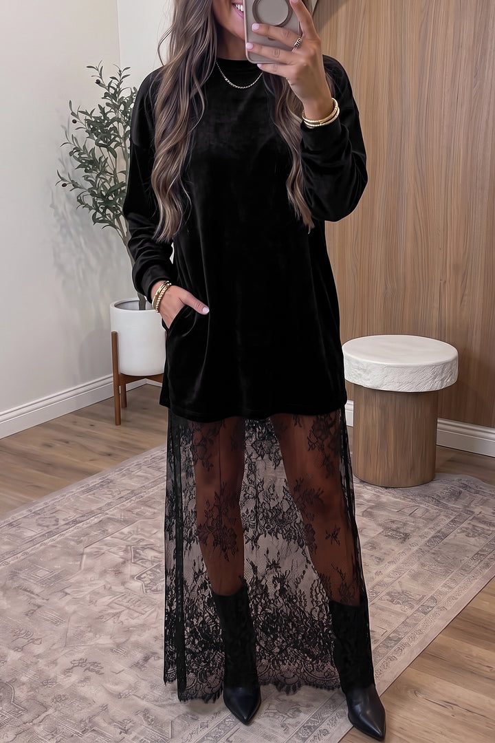 Blackish Green Velvet Long Sleeve Lace Splicing Hem Shift Maxi Dress