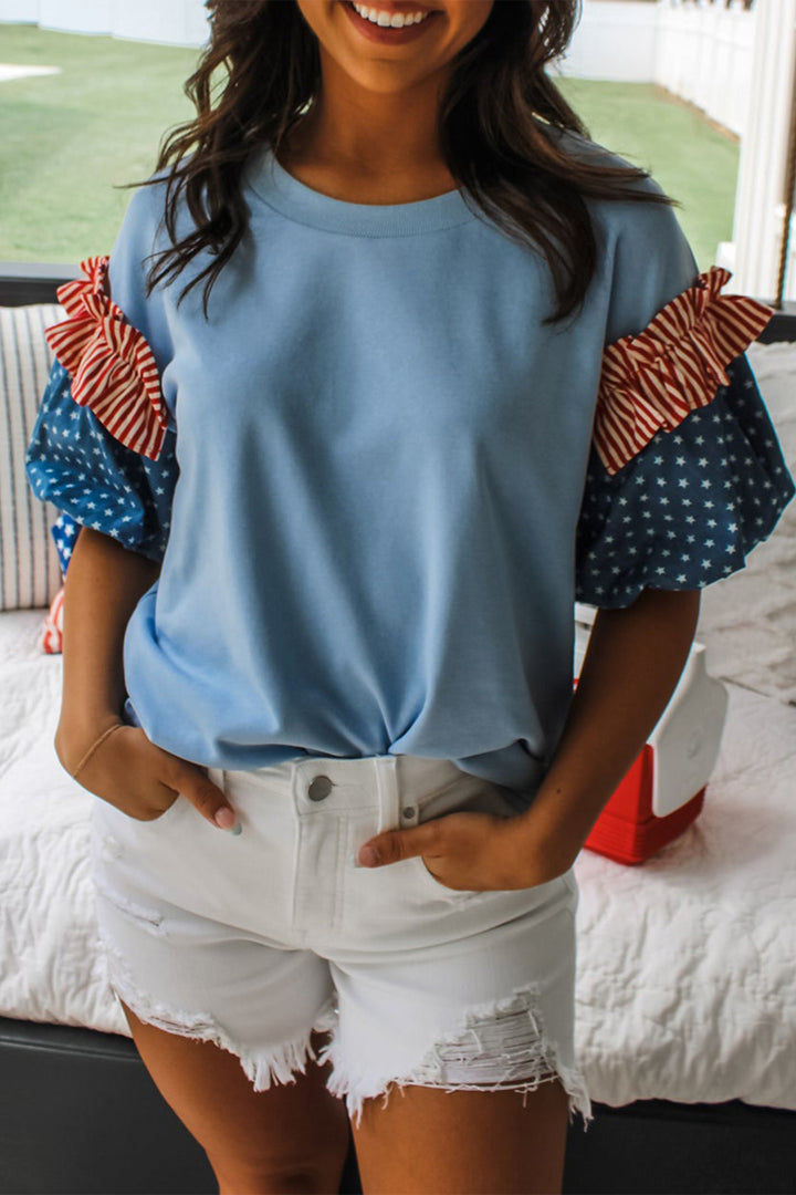 Beau Blue Stars Stripes Short Puff Sleeve Top