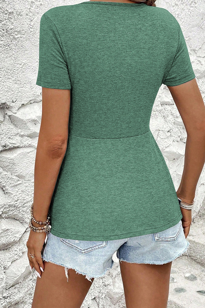 Sail Blue Twist Knot V Neck Short Sleeve Blouse