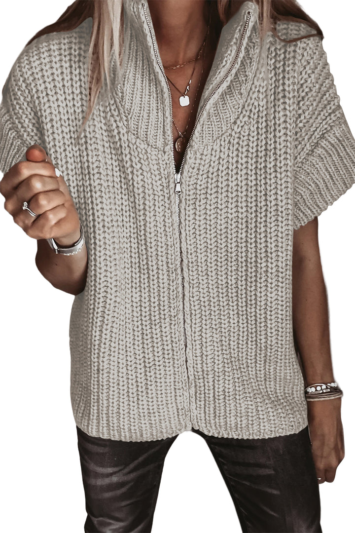 Jet Stream Solid Color Short Sleeve Zipper Knit High Neck Sweater