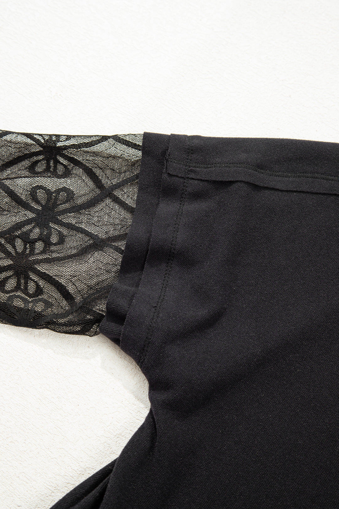 Black Solid Color Bow Textured Patchwork Long Sleeve Tee