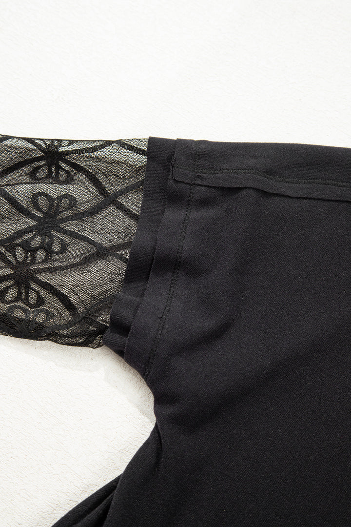 Black Solid Color Bow Textured Patchwork Long Sleeve Tee