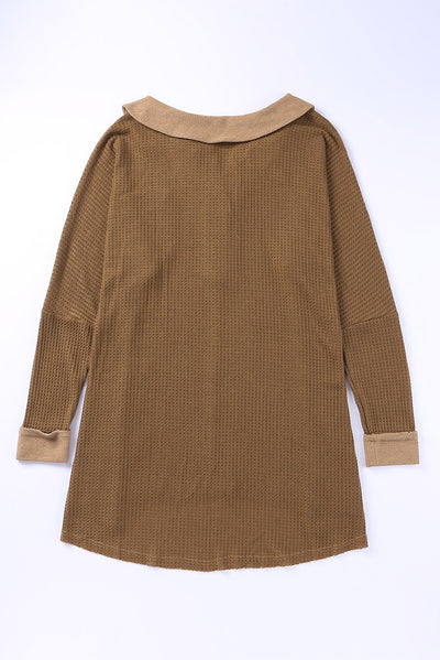 Brown Waffle Knit Buttoned Long Sleeve Top