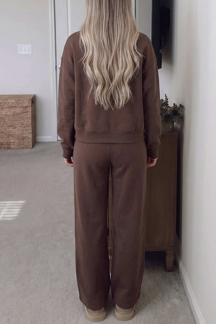 Coffee Solid Color Piping Trim Mock Neck Pullover Drawstring Pants Set
