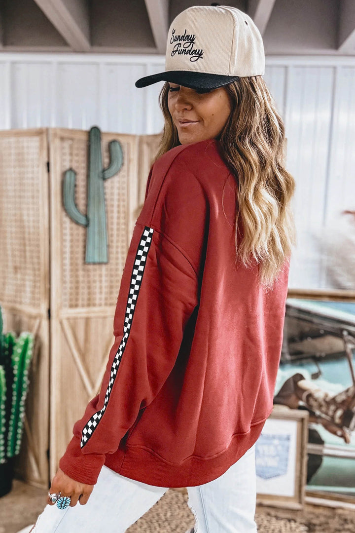 Mineral Red Checkered Trim Long Sleeve Round Neck Shift Sweatshirt