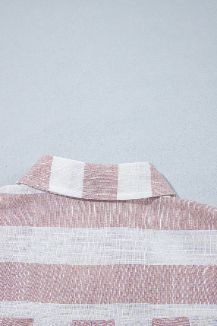 Khaki Stripe Striped Button-Up Three-Quarter Sleeve Short Shift Dress