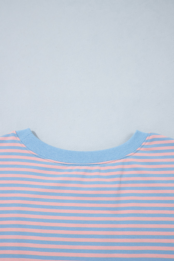 Sky Blue Stripe Colorblock Scalloped Trim Loose 3/4 Sleeve Top