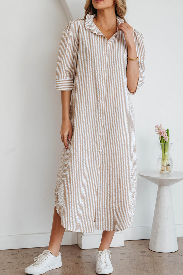 Khaki Stripe Frilled Collar Half Sleeve Shirt Maxi Dress