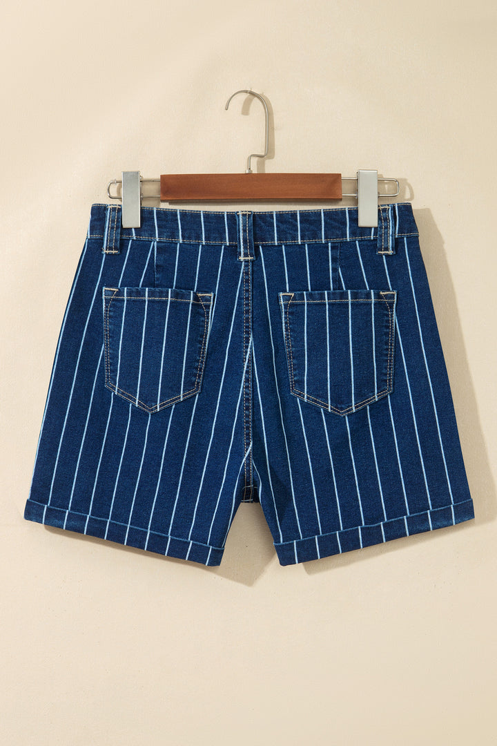 Blue Stripe Metal Button Detail Womens Denim Shorts