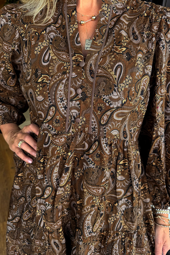 Brown Paisley Print Half Buttons Puff Sleeve Flowy Short Dress