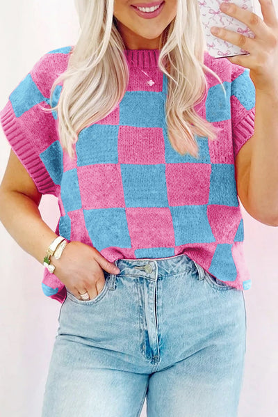 Sachet Pink Colorblock Plaid Pattern Ribbed Trim Sweater Tank Top