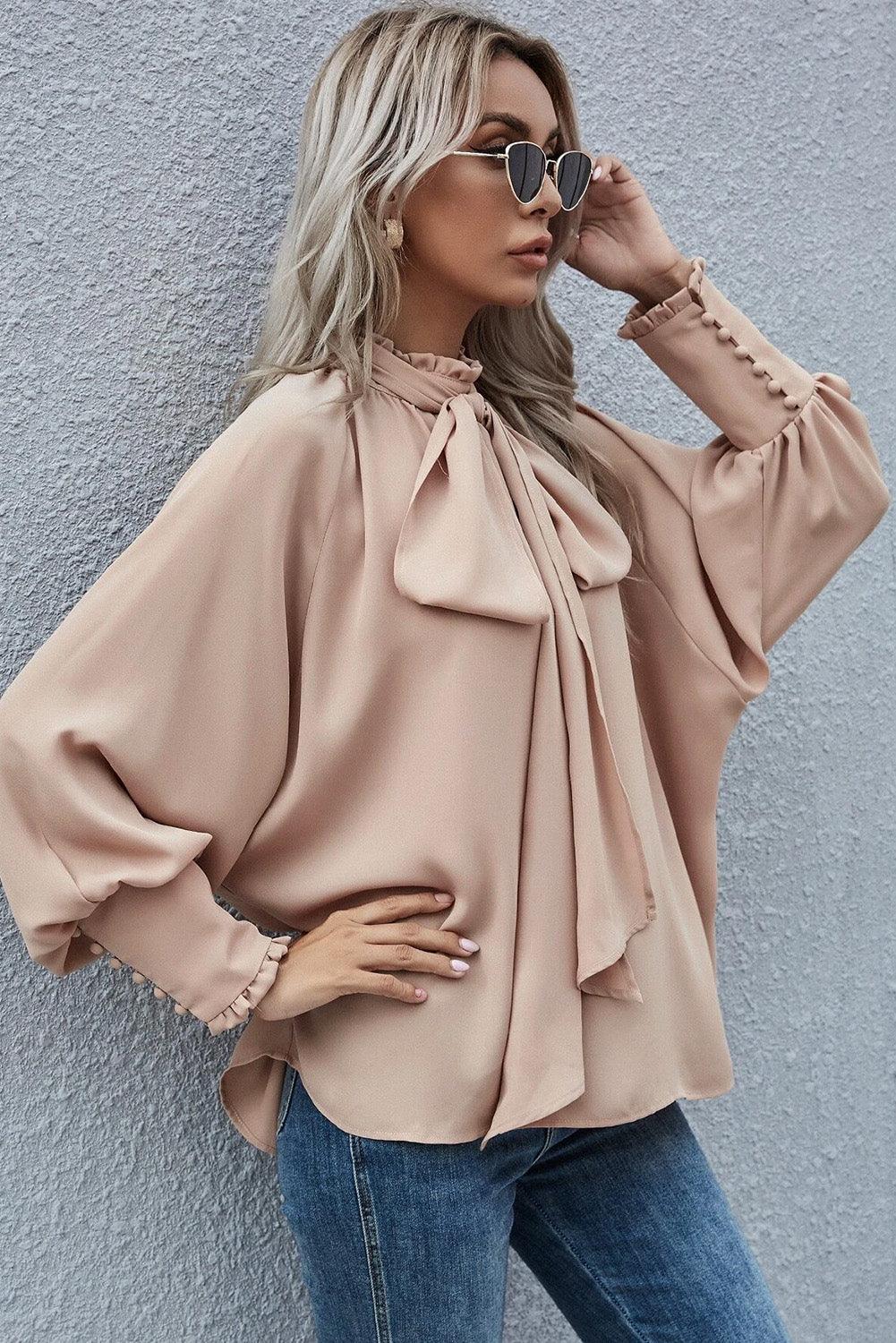 Khaki Frilled Knotted Mock Neck Bishop Sleeve Blouse