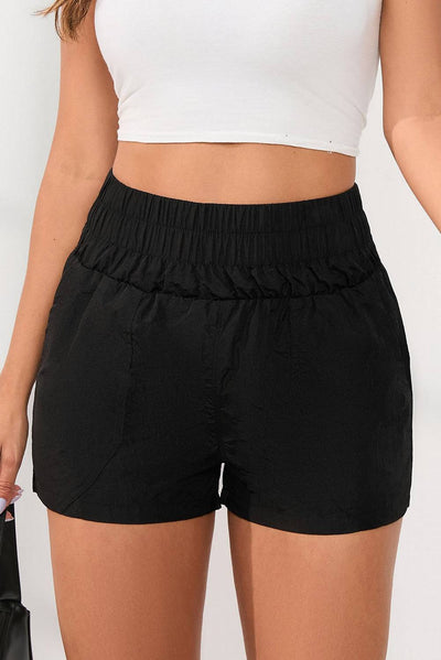 Black Elastic High Waist Side Pockets Shorts