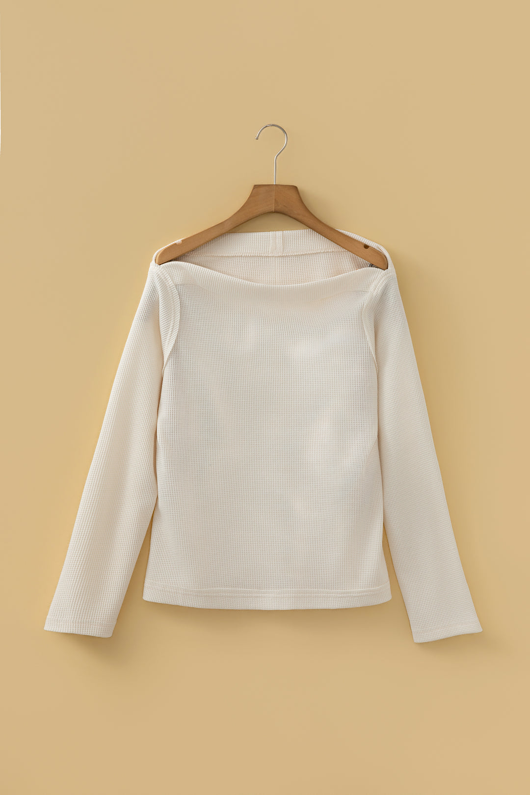 Beige Solid Color Waffle Knit Asymmetric Neck Long Sleeve Top