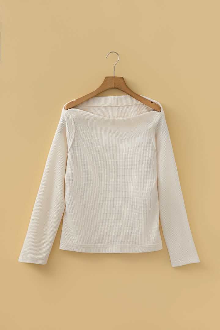 Beige Solid Color Waffle Knit Asymmetric Neck Long Sleeve Top