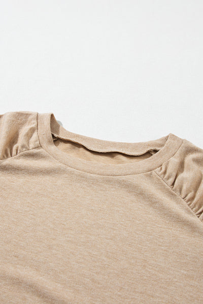 Pale Khaki Solid Ruched Raglan Sleeve Knit Top