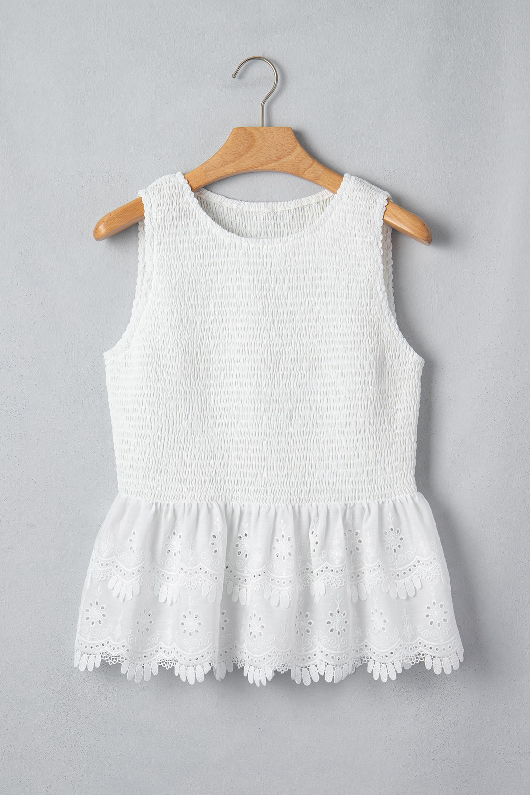 White Sleeveless Smocked Lace Peplum Top