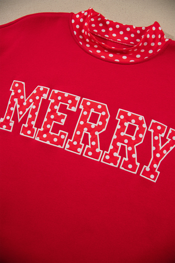 Fiery Red Polka Dot Letter Print Contrast Trim Mock Neck Sweatshirt