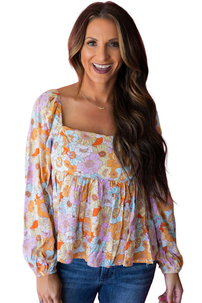 Multicolor Floral Square Neck Puff Sleeve Babydoll Blouse