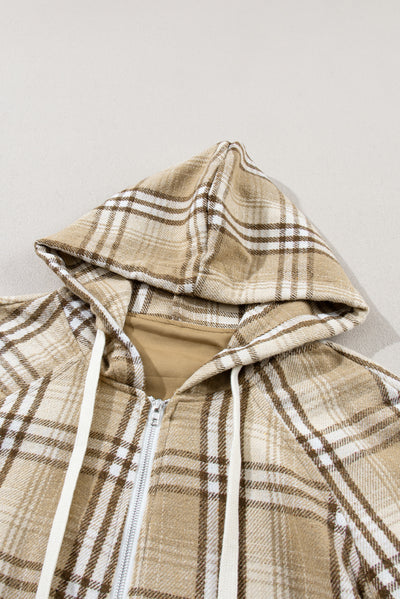 Khaki Printed Zipped Front Pullover Plaid Hoodie