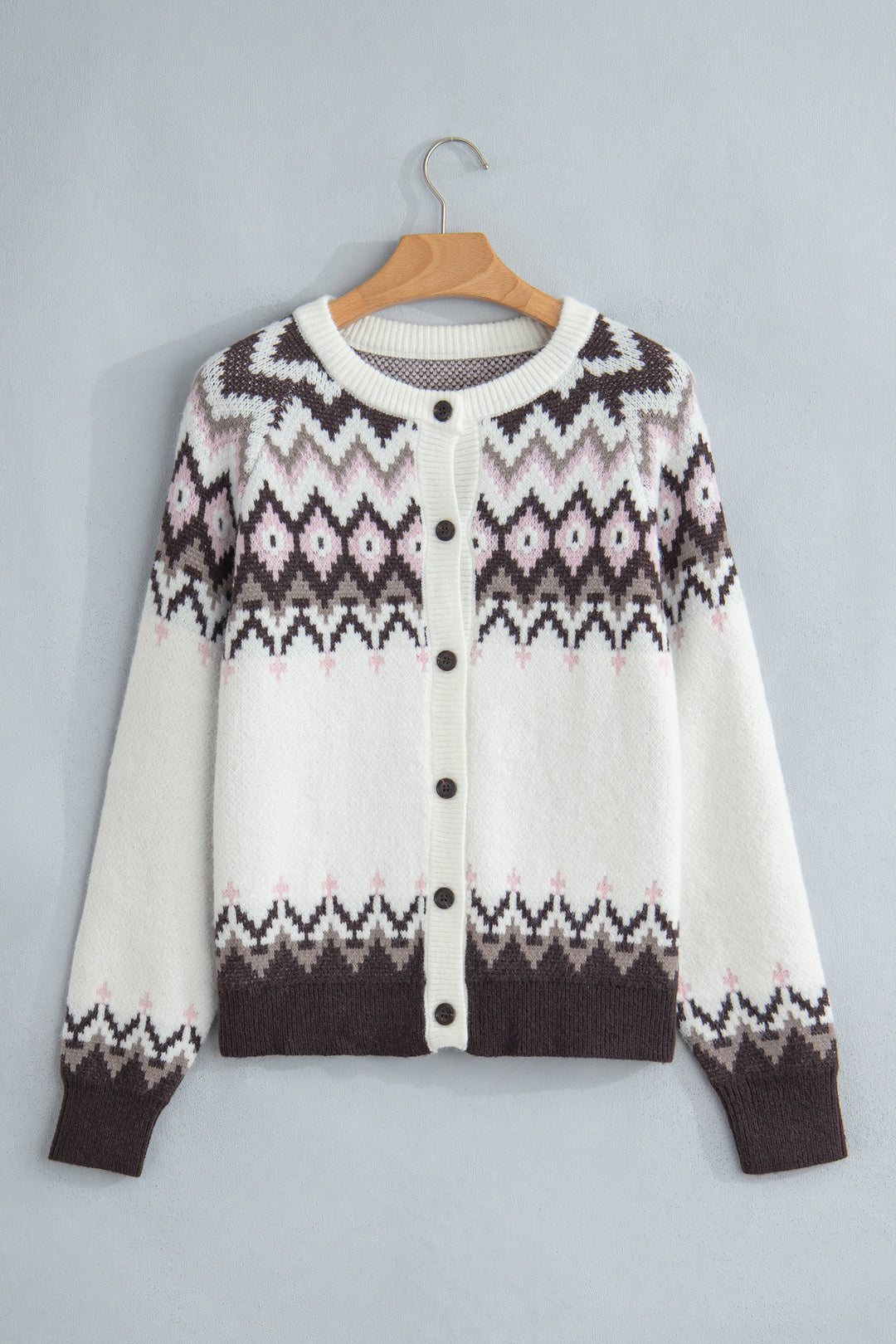 White Geometric Pattern Brushed Knit Button Cardigan