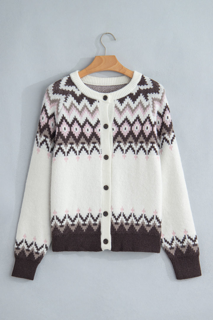 White Geometric Pattern Brushed Knit Button Cardigan