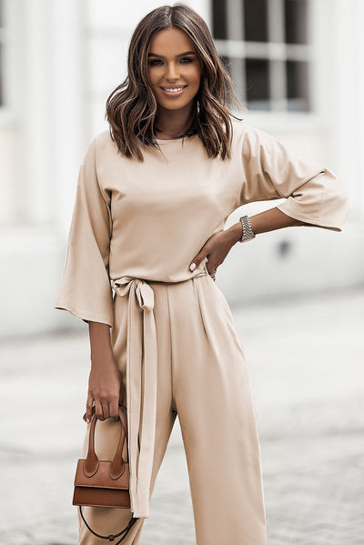 Apricot Bracelet Sleeve Waist Tie Wide Leg Jumpsuit