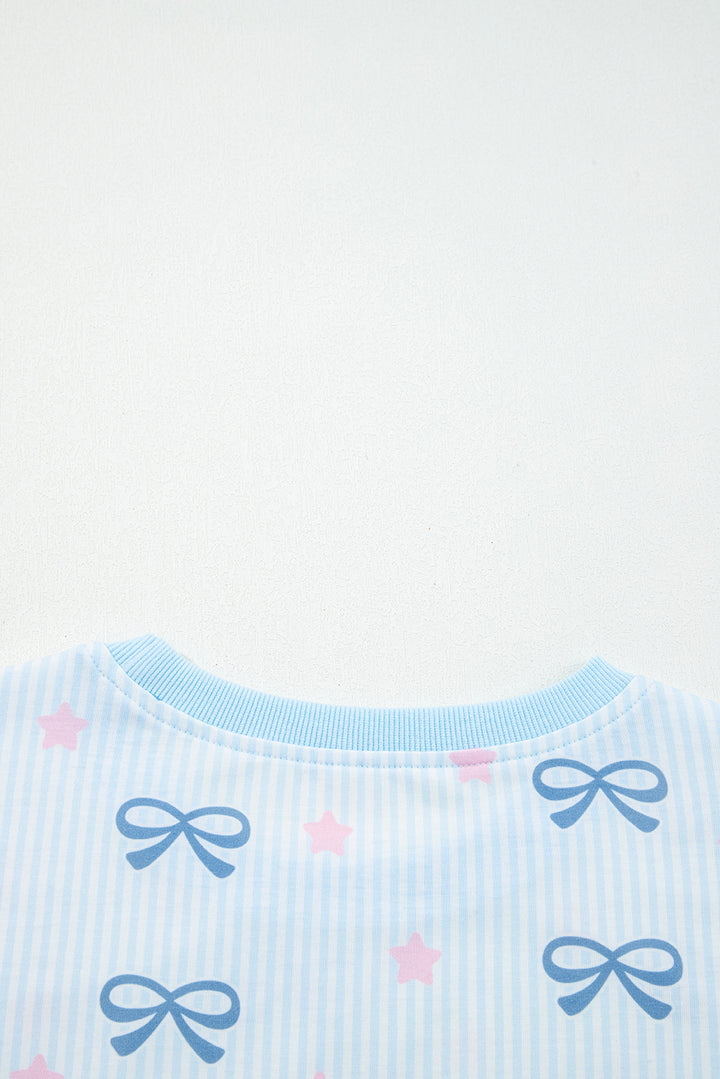 Sky Blue Stripe Bow Star Print Tied Detail 2pcs Lounge Set