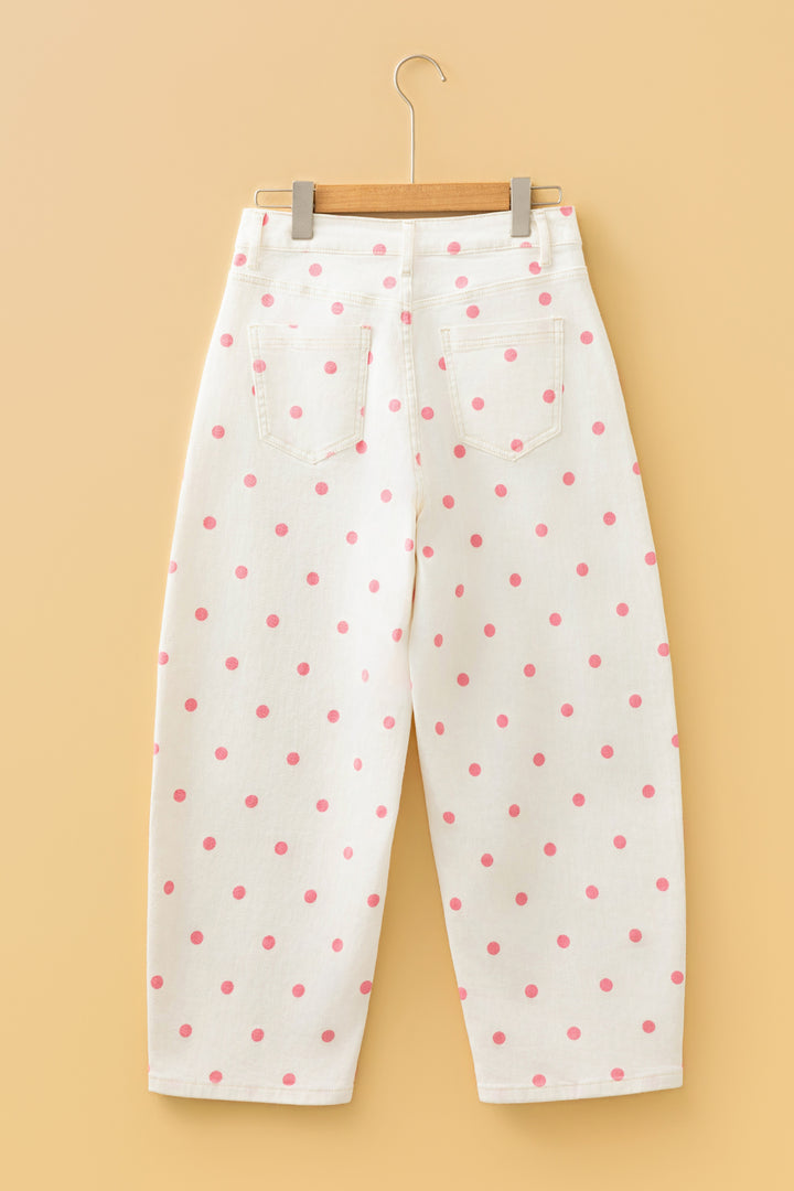 Pink Polka Dot Print Seam Detail Barrel Jeans