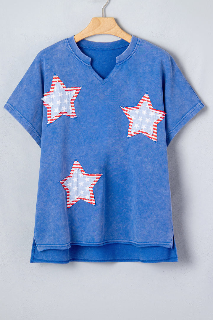 White Patriot Star Patched Notched Neck Mineral Washed Tee