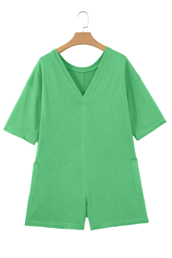 Bright Green Solid Color Raw Edge Half Sleeve Pocketed Loose Romper