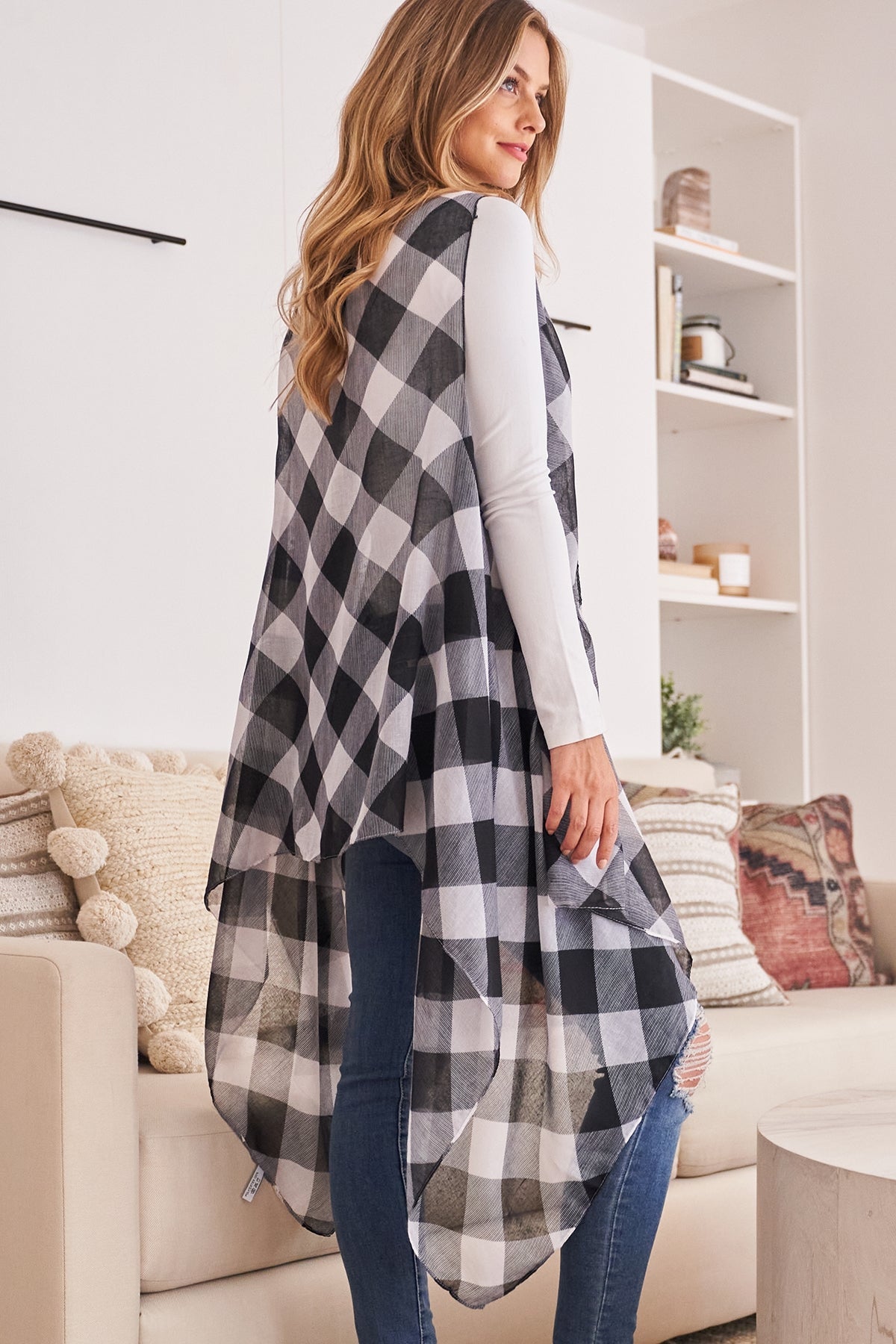 Hdf2567 - Plaid Knee Length Kimono Cardigan