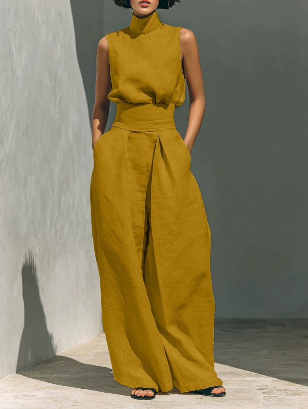 Women’s Cotton Linen Two-Piece Set – Sleeveless Top &amp; Wide-Leg Pants